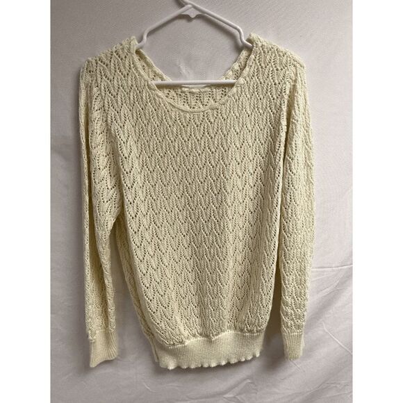 Unknown Sweaters - Womens Tunic Open Knit Long Sleeve Scoop neck Sweater Beige